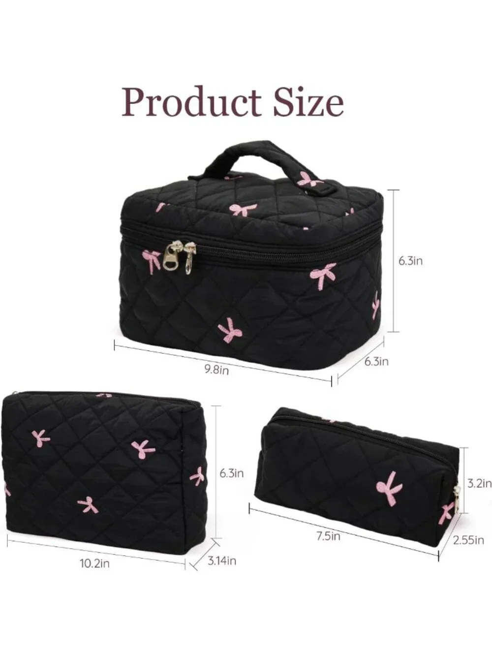 3PC Floral Makeup Bag Set - Large Quilted Cosmetic & Toiletry Bags for Travel